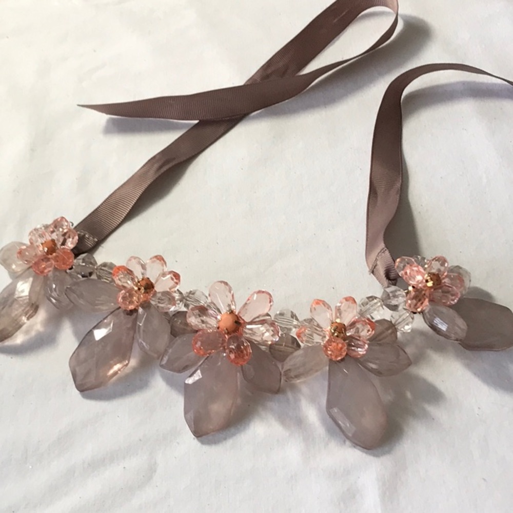 Pink Statement necklace with floral, smoky color stones, ties in back